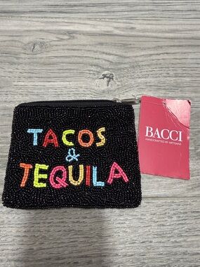 BACCI Black Beaded Coin Pouch with Colorful 'TACOS & TEQUILA' Beading
